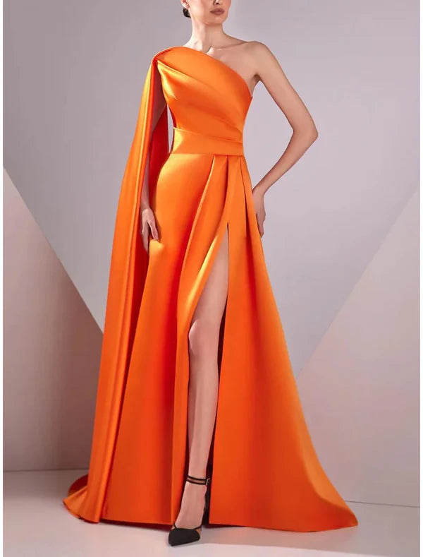Luolandi A-Line Evening Gown Elegant Formal Evening Dresses Floor Length Sleeveless One Shoulder Satin With Slit